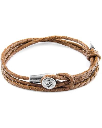 Anchor and Crew Light Brown Dundee Silver & Braided Leather Bracelet