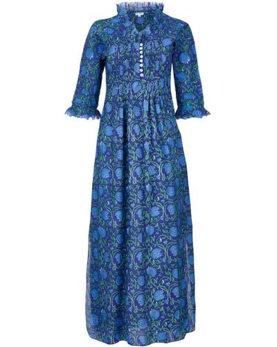 At Last Cotton Annabel Maxi Dress In Royal With & Green Flower - Blue