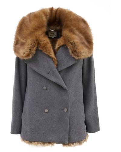 Julia Allert Mid-thigh Length Double-breasted Coat With Fur Collar Gray
