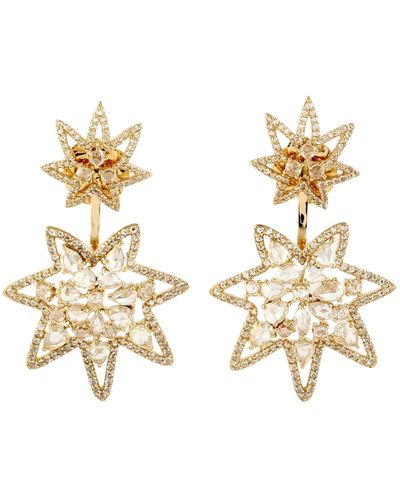 Artisan Natural Pave Diamond Star Dangle Earrings 18k Yellow Gold Handmade Jewelry - Metallic