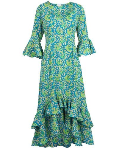 At Last Victoria Midi Dress Turquoise & Lime - Green