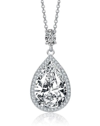 Genevive Jewelry Sterling Silver With Rhodium Plated Clear Pear With Oval And Round Cubic Zirconia Accent Drop Necklace - White