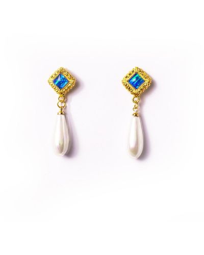 EUNOIA Jewels Devotion Detailed Gold Border Opal & Pearl Dangle Earrings - Metallic