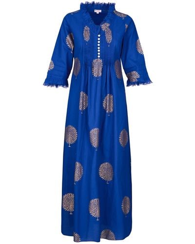 At Last Cotton Annabel Maxi Dress In Marrakesh & Gold - Blue