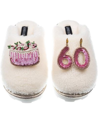 Laines London Teddy Closed Toe Slippers With 60th Birthday & Cake Brooches - Pink