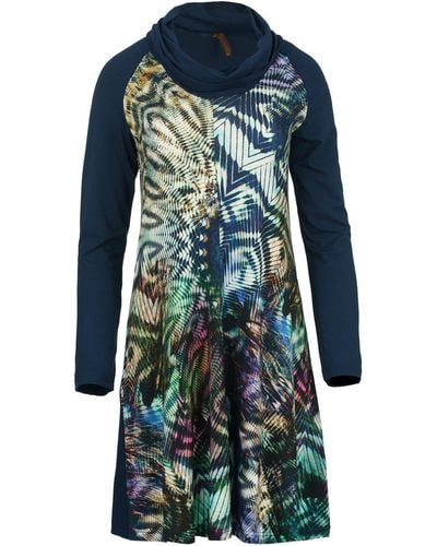 Conquista A Line Turtle Neck Dress In Print & Solid Color Stretch Jersey Fabric - Blue