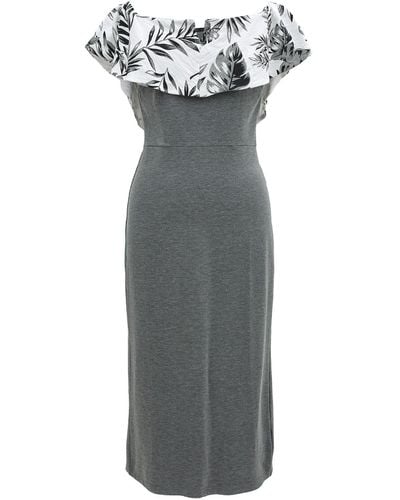 Smart and Joy Bi-material Bodicon Dress With Off-shoulder Printed Ruffle - Grey