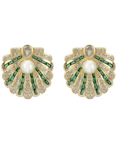 LÁTELITA London Art Deco Scallop Shell Earrings Emerald Green With Pearl Gold
