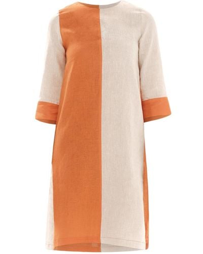 Haris Cotton A Line Colour Block Linen Dress With Split Hem - Orange