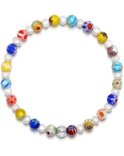 Nialaya Pearl Wristband With Hand-painted Glass Beads - Blue