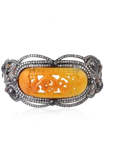 Artisan 18k Gold 925 Silver Pave Colored Diamond In Carving Jade Bangle Handmade Jewelry - Orange