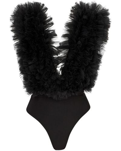 LIA ARAM Signature Ruffled Tulle Bodysuit - Black