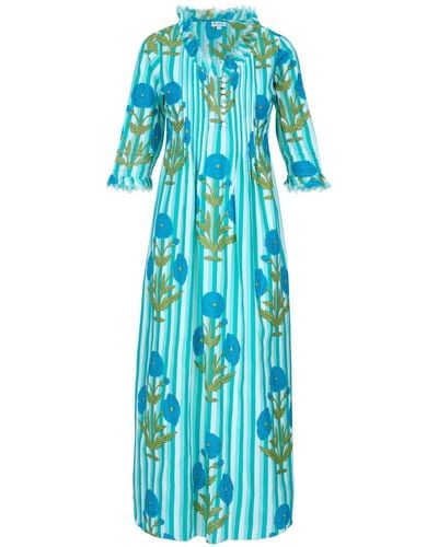 At Last Cotton Annabel Maxi Dress In Turquoise Marigold - Blue