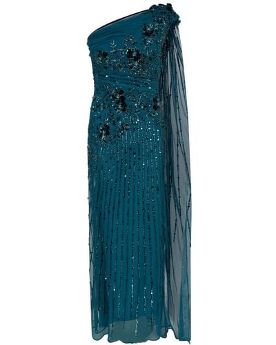 Raishma Teal Sorrel A Flattering Ruched One Shoulder Neckline & A Floor Length Stole On One Side Gown - Blue