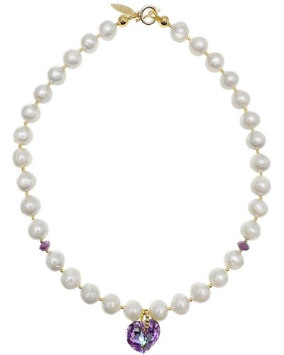Farra Freshwater Pearls With Swarovski Heart Pendant Short Necklace - Metallic