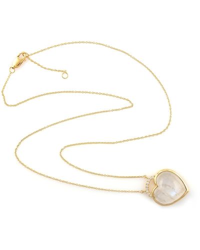 Artisan Heart Shaped Moonstone Pave Diamond Love Pendant 18k Gold Chain Necklace - Metallic