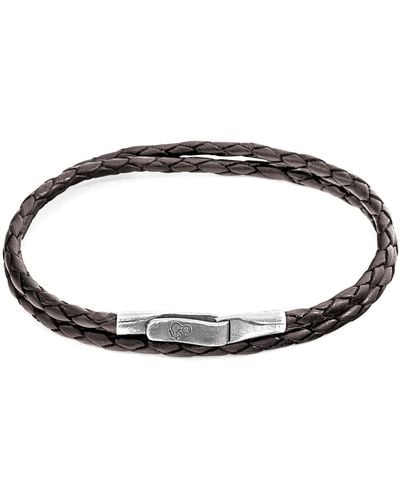 Anchor and Crew Dark Brown Liverpool Silver & Braided Leather Bracelet