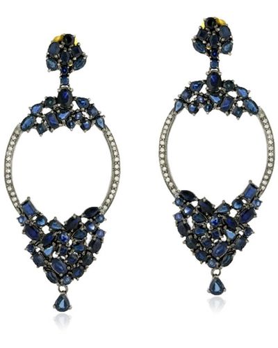 Artisan Pave Diamond Gold Silver Blue Sapphire Dangle Earrings Designer Jewelry