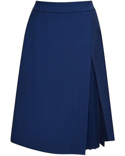 Seragyi Navy Mai Seasonless Extra Fine Merino Wool Partially Pleated Skirt - Blue