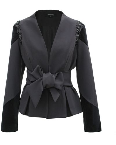 Smart and Joy Bi-material Blazer And Knotted Belt With Embroideries - Black