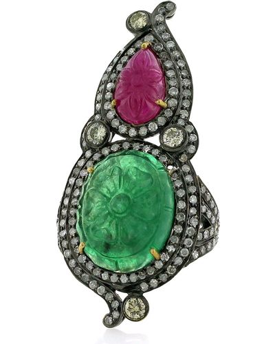 Artisan 18k Gold Silver With Carved Ruby & Emerald Pave Diamond Antique Knuckle Ring - Green