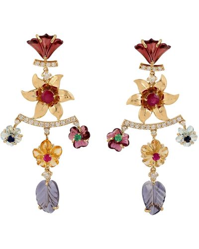 Artisan 18k Gold Diamond Carved Flower Gemstone Chandelier Earrings Jewelry - Metallic
