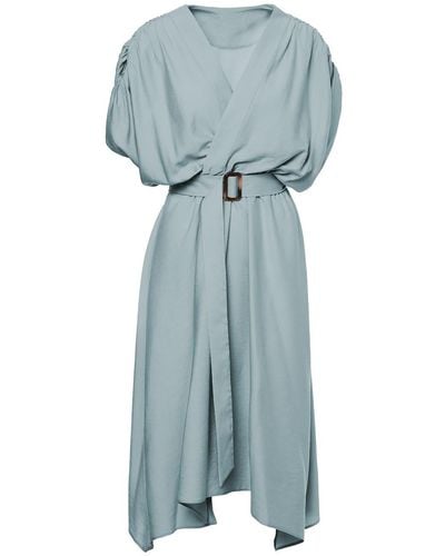BLUZAT Mint Linen Midi Dress With Belt - Blue