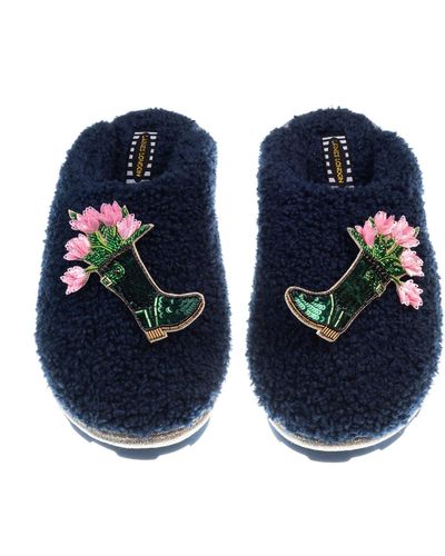 Laines London Teddy Closed Toe Slippers With Double Wellington Boots Brooches - Blue