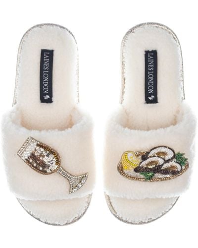 Laines London Teddy Toweling Slipper Sliders With Glass Of Fizz & Oyster Brooches - White