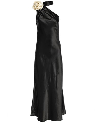 Vasiliki Atelier Portia One-sleeve Dress Noir With Crystallised Floral Cream Corsage - Black