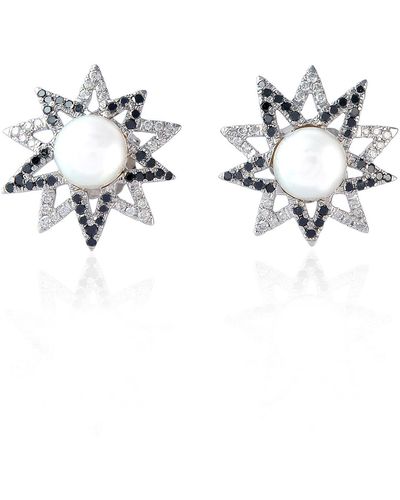 Artisan 18k White Gold With Black & White Diamond And Pearl Gemstone Star Shape Stud Earrings - Metallic