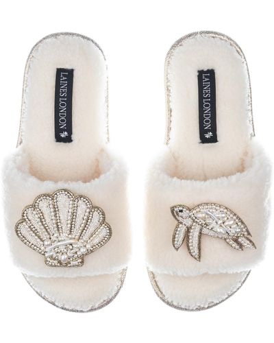 Laines London Teddy Toweling Slipper Sliders With Beaded Shell & Turtle Brooches - White