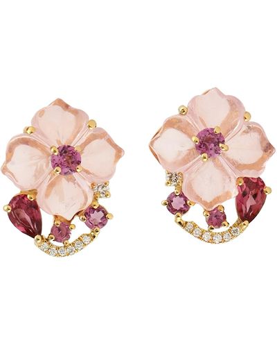Artisan Carved Mix Stone & Rhodolite With Diamond In 18k Gold Precious Flower Stud Earrings - Pink