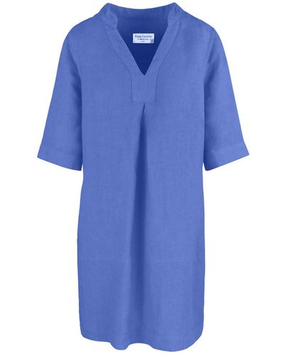 Haris Cotton "v" Neck Line Linen Dress - Blue