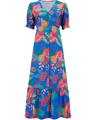 Sugarhill Maddox Tiered Midi Dress Multi, Tropical Fruits - Blue