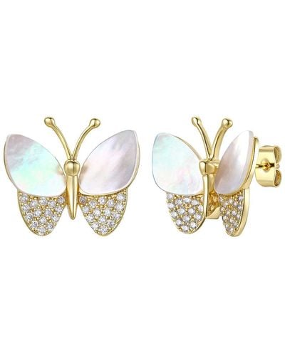 Genevive Jewelry Sterling Silver Large Gold Plated With Mother Of Pearl & Cubic Zirconia Butterfly Stud Earrings - Metallic