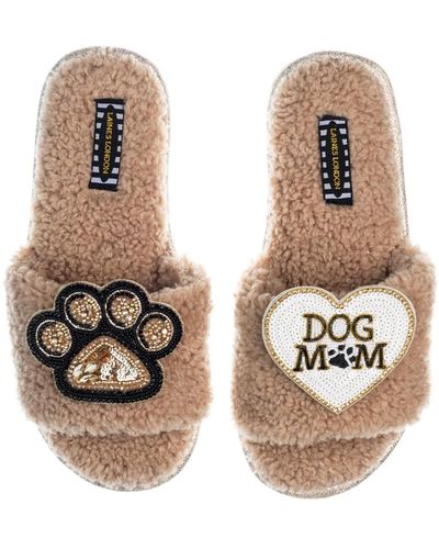Laines London Teddy Toweling Slippers With Paw Print & Dog Mum /mom Brooches - Natural