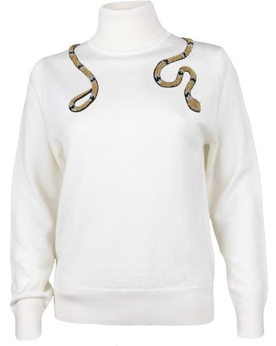 Laines London Neutrals Laines Couture Wrap Gold Snake Embellished Knitted Roll Neck Jumper - White