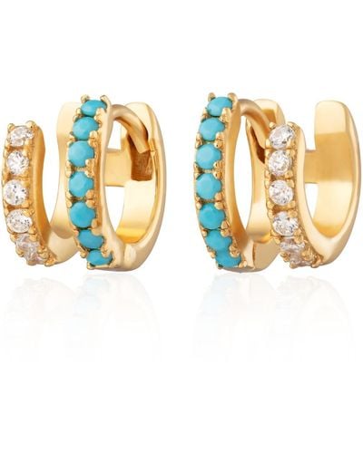 Scream Pretty Mismatched Double huggie Earrings With Turquoise Stones - Metallic