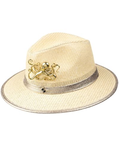 Laines London Neutrals Straw Woven Hat With Gold Metal Octopus Brooch - Natural