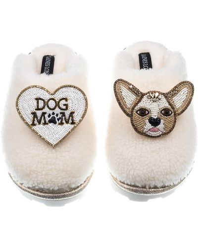 Laines London Teddy Closed Toe Slippers With Princess Chihuahua & Dog Mum / Mom Brooches - Metallic