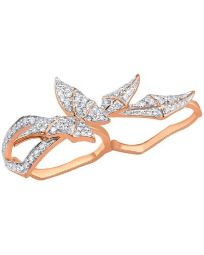 Artisan 18k Rose Gold With Natural Diamond Butterfly Two Finger Ring - Metallic