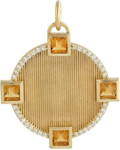 Artisan Square Citrine Gemstone Bezel Set & Pave Diamond In 14k Solid Gold Club Charm - Metallic
