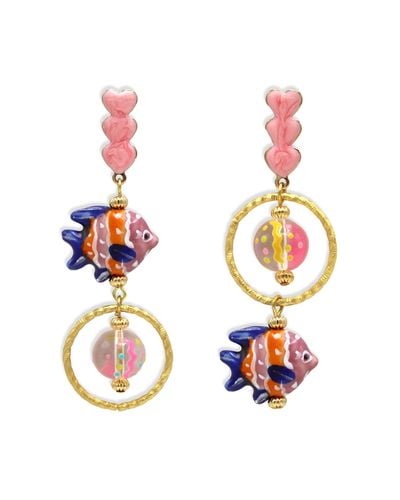 Midnight Foxes Studio Pink, Blue & Orange Fish Earrings - White
