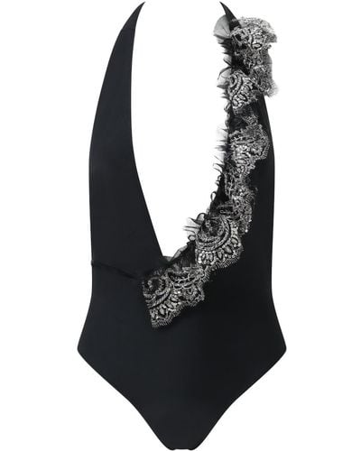Belle -et-BonBon New Aprés Sun Collection Halterneck Swimsuit With Detachable Polka Dot Ruffle And Silver Sequin Lace Ruffle - Black