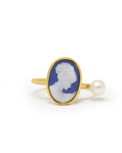 Vintouch Italy Gold-plated Blue Mini Cameo Ring With A Pearl