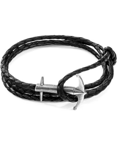 Anchor and Crew Coal Black Admiral Anchor Silver & Braided Leather Bracelet - Multicolor