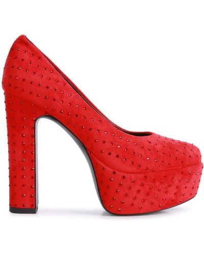 Rag & Co Poppins Diamante Platform Heel Block Court Shoes - Red