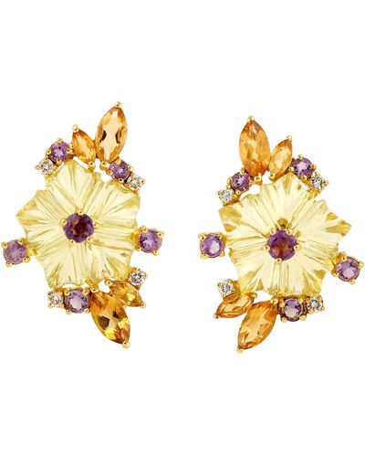Artisan 18k Gold Carved Mix Stone Flower Design & Multi Stone Pave Diamond Stud Earrings - Metallic