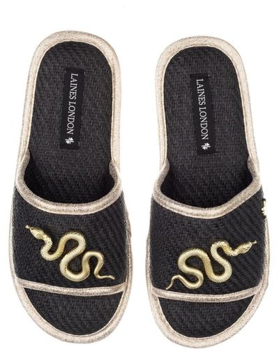 Laines London Straw Braided Sandals With Gold Metal Snake Brooches - Black